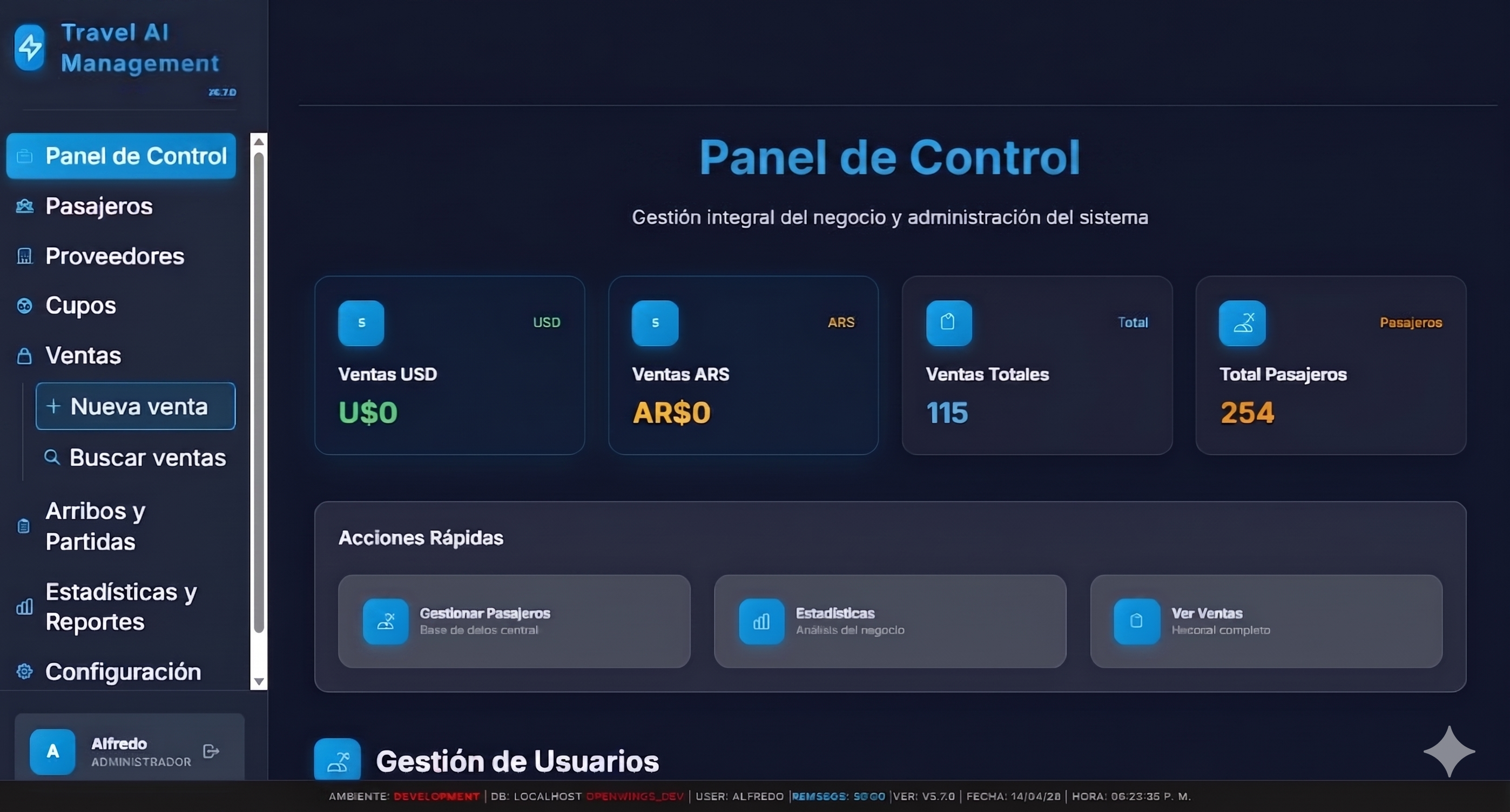 Captura del panel de control de TravelAI: métricas, acciones rápidas y navegación lateral.